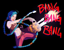  1girl absurdres arcane:_league_of_legends arcane_jinx arm_tattoo black_gloves blue_eyes blue_hair braid cass-a-rollie cloud_tattoo commentary crop_top english_commentary fingerless_gloves flat_chest gatling_gun gloves gun highres hip_tattoo holding holding_gun holding_weapon jinx_(league_of_legends) league_of_legends long_hair low_twin_braids midriff minigun open_mouth pants purple_pants shoulder_tattoo solo stomach_tattoo tattoo twin_braids very_long_hair weapon 