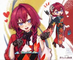  0no00on 1girl :d ange_katrina ange_katrina_(new_year) aqua_bag arm_up bag black_gloves black_hair black_kimono black_ribbon black_sash blue_eyes blush_stickers braid brown_shoes commentary_request crossed_bangs floral_print floral_print_kimono flower furisode gloves gradient_clothes gradient_kimono hair_between_eyes hair_flower hair_intakes hair_ornament hair_over_shoulder half_gloves handbag hands_up hashtag heart high_heels highres holding holding_bag japanese_clothes kimono lace lace_gloves light_particles lips long_hair looking_at_viewer low_twin_braids multicolored_eyes multicolored_hair multicolored_sash multiple_views neck_ribbon nijisanji notice_lines obi obiage obijime open_mouth orange_sash print_kimono raised_inner_eyebrows red_background red_hair red_kimono red_sash ribbon sash shoes smile streaked_hair three-quarter_sleeves translation_request twin_braids twitter_username two-tone_eyes two-tone_hair updo violet_eyes virtual_youtuber watermark white_background white_flower white_kimono white_ribbon yellow_background 