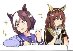  2girls animal_ears black_gloves bow braid brown_hair buena_vista_(heroina_inocente)_(umamusume) buena_vista_(umamusume) checkered_clothes collarbone crown_braid fingerless_gloves gloves hair_ornament hair_ribbon horse_ears horse_girl light_blush medium_hair meme multiple_girls necktie pointing_with_thumb purple_bow purple_sailor_collar ribbon sailor_collar sanpaku scene_reference school_uniform short_hair smile smug_inori_(meme) sparkle special_week_(umamusume) taguchi_kenji_(omaep) tail tracen_school_uniform umamusume violet_eyes white_gloves white_hair 