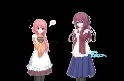  2girls :p animated animated_gif apron blinking blue_eyes blue_hakama blush chinese_commentary closed_mouth commentary_request cowboy_shot eyes_visible_through_hair flying_sweatdrops frilled_apron frills fuchuangzi_summerwind hair_between_eyes hakama hand_up heart holding holding_menu index_finger_raised japanese_clothes kimono kurama_koharu long_hair long_sleeves looking_at_viewer looping_animation low_ponytail maid maid_apron maniwa_roka menu multiple_girls official_alternate_costume official_alternate_hairstyle orange_kimono outline pink_hair pixel_art ponytail red_hair red_kimono senren_banka side-by-side signature simple_background smile speech_bubble split_mouth spoken_blush striped_clothes striped_kimono sweatdrop tongue tongue_out transparent_background vertical-striped_clothes vertical-striped_kimono wa_maid watermark white_apron white_outline wide_sleeves yellow_eyes 