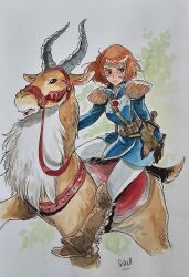  1girl absurdres alessandro_barbucci armor belt belt_pouch black_gloves black_shirt blue_dress blue_tabard boots breasts brown_belt brown_boots brown_hair closed_mouth commentary commission company_connection crossover dagger dress english_commentary frown gloves highres kaze_no_tani_no_nausicaa knee_boots knife long_sleeves looking_to_the_side medium_breasts mononoke_hime nausicaa pantyhose pouch reins riding riding_animal saddle sheath sheathed shirt short_hair shoulder_armor shoulder_strap sitting tabard weapon white_pantyhose yakul 