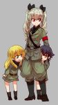  3girls anchovy bangs belt black_boots black_hair black_necktie black_ribbon black_shirt blonde_hair blush boots braid brown_eyes carpaccio closed_mouth commentary dress_shirt drill_hair embarrassed frown full_body girls_und_panzer green_eyes green_hair grey_background grey_jacket grey_pants grey_skirt hair_ribbon hand_on_another&#039;s_head hiding knee_boots long_hair long_sleeves looking_at_another military military_uniform multiple_girls necktie oono_imo open_mouth pants pencil_skirt pepperoni_(girls_und_panzer) red_eyes ribbon shirt short_hair shoulder_belt side_braid simple_background skirt smile standing twin_drills twintails uniform younger 