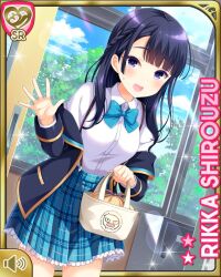  1girl black_eyes black_hair black_socks blue_bow blue_bowtie blue_skirt bow bowtie card_(medium) character_name full_body girlfriend_(kari) jacket loafers looking_at_viewer miniskirt official_art plaid_clothes plaid_skirt pleated_skirt qp:flapper school_uniform shirouzu_rikka shirt shoes skirt smile socks solo standing suspenders undressing white_shirt 