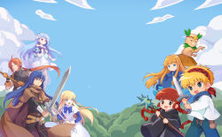  1girl 4boys 4girls :d ahoge arm_wrap armlet artist_request asymmetrical_bangs bald bandana bare_shoulders belt belt_buckle benya_(tales_weaver) black_eyes black_hood black_pants black_robe black_shirt blonde_hair blue_bow blue_capelet blue_dress blue_eyes blue_hair blue_jacket blue_pants blue_shirt blue_sky blunt_bangs blush_stickers boris_jinneman bow braid brown_bag brown_belt brown_cape brown_capelet brown_skirt buckle bush cape capelet closed_mouth clouds collared_dress crossed_belts crossover dancing day dot_nose drawstring dress dress_bow eyelashes facial_hair flower gloves gold_armlet grass_skirt hair_flower hair_ornament hair_tie headpiece high_collar highres holding holding_staff hood hood_down hooded_robe jacket jewelry juju_coo_shnamur kukuri_(mahoujin_guruguru) layered_dress layered_sleeves legs_apart lily_(flower) long_dress long_hair long_sidelocks long_sleeves looking_to_the_side loose_belt low-braided_long_hair low-tied_long_hair low_ponytail mahoujin_guruguru medium_dress multiple_boys multiple_girls mustache nexon nike_(mahoujin_guruguru) off-shoulder_shirt off_shoulder official_art old old_man open_mouth orange_eyes orange_gloves orange_hair outdoors pants ponytail purple_bow red_bandana red_eyes robe scythe second-party_source shirt shirt_bow shoes short_over_long_sleeves short_sleeves short_sword sidelocks sivelin_uuo skirt sky sleeve_bow smile solo staff standing straight_hair strapless strapless_dress strapless_shirt sword sword_tassel tales_weaver tassel tichiel_juspian tongue torn_clothes torn_shirt turtleneck turtleneck_shirt twin_braids udberg_eldol very_long_hair weapon white_dress white_facial_hair white_flower white_shirt white_sleeves 