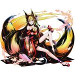  1girl absurdly_long_hair animal_ears ankle_ribbon bare_shoulders bell blonde_hair bow breasts brown_dress collarbone divine_gate dress fox_ears fox_tail full_body glasses hair_bow head_tilt holding large_breasts long_hair looking_at_viewer miko_(no_game_no_life) multicolored_hair no_game_no_life official_art orange_eyes pink_bow pleated_dress purple_hair purple_ribbon ribbon shadow sitting smile solo tail transparent_background two-tone_hair ucmm very_long_hair 