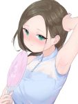  1girl 3: arm_up armpits blouse blue_blouse blush brown_hair closed_mouth fan forehead green_eyes hand_up hot long_hair looking_at_viewer original paper_fan simple_background sleeveless sleeveless_blouse solo sweat sweat_stain sweating uchiwa upper_body ushinomiya white_background 