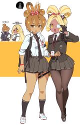  2girls :d :o @_@ animal_ear_hairband animal_ears arm_at_side backpack bag bike_shorts bike_shorts_under_skirt black_bag black_gloves black_hairband black_jacket black_necktie black_pantyhose black_shoes black_socks blonde_hair bow bracelet breasts brown_eyes brown_hair brown_hairband buttons cat_ear_hairband cat_ears claw_pose collared_shirt cookie_run cookie_run:_ovenbreak croissant_cookie crossed_ankles curly_sidelocks dot_nose double-parted_bangs double_bun dual_persona eyepatch fake_animal_ears food food_on_face full_body gloves grey_skirt hair_between_eyes hair_bow hair_bun hair_intakes hairband hand_up highres humanization jacket jewelry kneehighs korean_text lanyard lapels large_breasts legs_apart legs_together letterboxed loafers looking_at_viewer medical_eyepatch miniskirt minnie_mouse_ears multicolored_hair multiple_girls necktie ohta_guk_hip one_eye_covered open_mouth orange_background orange_hair outside_border pantyhose parted_bangs pleated_skirt polka_dot polka_dot_bow red_bow shirt shoes short_hair simple_background skirt small_breasts smile sneakers socks speech_bubble standing streaked_hair three-quarter_sleeves timekeeper_cookie tongue translation_request two-tone_bow two-tone_hair v-shaped_eyebrows white_bow white_shirt white_shoes yellow_eyes zoom_layer 