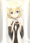  1girl bangs blonde_hair blue_eyes blush closed_mouth detached_sleeves dress eyebrows_visible_through_hair flat_chest hair_between_eyes hands_up heart heart_hands heijialan light_smile looking_at_viewer original see-through_silhouette short_hair solo tareme upper_body white_dress 
