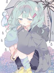  1girl aqua_eyes aqua_hair artist_name black_skirt black_socks blue_jacket blue_socks double-parted_bangs english_commentary flower grey_jacket hair_ornament hairclip hands_on_own_knees hands_up highres hood hood_down hugging_own_legs hydrangea imaichichan instagram_username jacket kneehighs leaf long_sleeves looking_down mismatched_socks multicolored_jacket on_ground parted_lips pleated_skirt shoes sitting skirt socks solo song_name string teruterubouzu tuyu_(band) two-tone_jacket two_side_up umbrella water_drop_print white_background yappari_ame_wa_furunda_ne yellow_shoes 