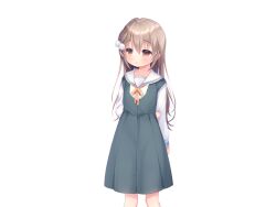  1girl aiyoku_shimai_lolita arm_behind_back atori_(aiyoku_shimai_lolita) blush brown_hair buttons closed_mouth collared_shirt dress feet_out_of_frame game_cg green_dress hair_between_eyes hair_ornament large_variant_set long_hair long_sleeves looking_to_the_side neck_ribbon non-web_source orange_eyes pinafore_dress piyodera_mucha pom_pom_(clothes) pom_pom_hair_ornament ribbon sailor_collar shirt simple_background sleeveless sleeveless_dress smile solo standing tachi-e transparent_background variant_set white_sailor_collar white_shirt yellow_ribbon 