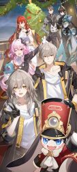  3boys 3girls absurdres bad_link bare_shoulders black_gloves black_jacket black_legwear blue_eyes boots brown_hair bunny_ears caelus_(honkai:_star_rail) camera christmas christmas_tree closed_mouth collarbone crossed_arms cuffs dan_heng_(honkai:_star_rail) dan_heng_(permansor_terrae)_(honkai:_star_rail) evernight_(honkai:_star_rail) eyebrows_visible_through_hair eyes_closed flower gift_box glasses gloves grey_hair hair_between_eyes hair_ornament hairclip hand_on_hip hand_on_own_chest hand_up hat highres himeko_(honkai:_star_rail) honkai:_star_rail honkai_(series) hoodie horns jacket long_hair long_sleeves looking_at_viewer low_ponytail march_7th_(honkai:_star_rail) nails_visible_through_gloves one_eye_closed open_mouth pink_hair polaroid_camera pom-pom_(honkai:_star_rail) ponytail red_eyes red_hair scarf short_hair smile sparkle stelle_(honkai:_star_rail) tassel turtleneck_sweater v welt_yang_(honkai:_star_rail) white_dress white_shirt wink yellow_eyes 