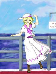  1girl blonde_hair blue_sky boots brown_boots brown_footwear closed_eyes cloud cloudy_sky fence furugetsu hand_on_headwear hat hat_ribbon highres looking_at_viewer louise_(touhou) mystic_square neckerchief ocean open_mouth ribbon sailor_collar shirt short_sleeves sign solo sun_hat touhou touhou_(pc-98) twintails wind 