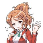  1girl :d aquila_(kantai_collection) brown_eyes brown_hair commentary_request hair_ornament hairclip kantai_collection long_hair looking_at_viewer open_mouth ponytail simple_background smile solo tk8d32 translation_request waving white_background 