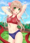  1girl arms_behind_back arms_up bangs blonde_hair blue_sky blurry blush bow breasts buruma clouds cowboy_shot day depth_of_field eyebrows_visible_through_hair grass green_eyes hair_bow half_updo harunosuke_(oharu11) long_hair looking_at_viewer medium_breasts moe2017 navel open_mouth original outdoors petals pink_bow sky solo sports_bikini sports_bra sweat sweating thighs track_and_field 