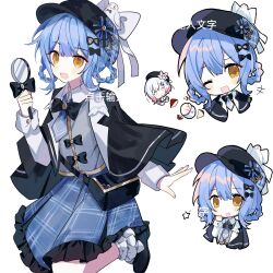  1girl ;d black_bag black_capelet black_hat black_shoes blue_hair blue_skirt braid braided_hair_rings capelet chibi chibi_inset chinese_commentary commentary_request deerstalker detective frilled_skirt frills hair_rings hat highres holding holding_magnifying_glass long_sleeves looking_at_viewer magnifying_glass mahou_shoujo_no_majo_saiban multiple_views one_eye_closed open_mouth pleated_skirt sakuraba_ema shoes short_hair simple_background skirt smile socks standing standing_on_one_leg tachibana_sherry white_background white_socks yellow_eyes yuan_yezhi 
