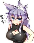 1girl animal_ears blush breasts cleavage cleavage_cutout fang fox_ears large_breasts lavender_hair long_hair looking_at_viewer open_mouth original simple_background solo translation_request tylwing white_background 