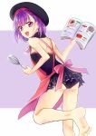  1girl apron ass bad_feet bare_shoulders barefoot blush book error fate/grand_order fate_(series) hat helena_blavatsky_(fate/grand_order) looking_at_viewer looking_back migihiko open_mouth panties pantyshot purple_hair short_hair sketch smile solo underwear violet_eyes whisk 