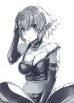  1girl adjusting_hair armband belt breasts choker collarbone elbow_gloves elf eyebrows_visible_through_hair eyelashes gloves greyscale looking_at_viewer midriff monochrome navel original pointy_ears shaun_(fallenicons) short_hair simple_background sitting solo 