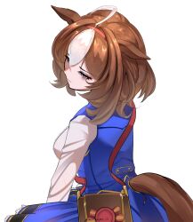  1girl absurdres ahoge animal_ears bag blue_dress breasts brown_hair closed_mouth double-parted_bangs dress ear_ribbon hair_between_eyes hairband highres horse_ears horse_girl horse_tail large_breasts long_sleeves looking_to_the_side medium_hair meisho_doto_(turbulent_blue)_(umamusume) meisho_doto_(umamusume) multicolored_hair pink_hairband shifuku25 short_hair shoulder_bag simple_background solo tail two-tone_hair umamusume violet_eyes white_background white_dress white_hair 