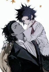 1boy 1girl absurdres black_hair black_nails black_suit blue_eyes blue_hair chair colored_skin d.gray-man dress_shirt earrings facial_mark forehead_mark grey_skin hair_slicked_back hand_on_chair hand_on_own_chin head_tilt highres jewelry light_frown light_smile long_sleeves looking_at_viewer mature_male messy_hair metama neckerchief noah_(d.gray-man) red_ribbon ribbon ringed_eyes road_kamelot shirt short_hair sidelocks sitting smile spiky_hair star_(symbol) stud_earrings suit tyki_mikk white_background white_neckerchief white_shirt wide_sleeves yellow_eyes yellow_star 