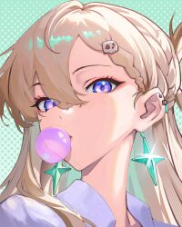  1girl absurdres blonde_hair blowing_bubble_gum braid braided_bangs chewing_gum colored_inner_hair commentary earrings english_commentary green_background hair_between_eyes hair_ornament highres jewelry long_hair looking_at_viewer lynae_(wuthering_waves) multicolored_hair nitsuga_zenitram portrait shirt skull_hair_ornament solo star_(symbol) star_earrings violet_eyes white_shirt wuthering_waves 