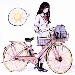  1girl bicycle bicycle_basket black_hair ground_vehicle ilya_kuvshinov long_hair original solo standing 