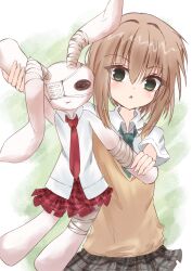  1girl :o black_skirt blush brown_hair collared_shirt commentary cowboy_shot eyepatch eyes_visible_through_hair green_background green_eyes green_necktie hair_between_eyes hair_intakes hands_up highres holding holding_stuffed_toy looking_at_viewer mamiya_hasaki medical_eyepatch medium_hair miniskirt necktie open_mouth plaid_clothes plaid_skirt pleated_skirt popokki school_uniform shirt short_sleeves simple_background skirt solo stuffed_animal stuffed_rabbit stuffed_toy subarashiki_hibi sweater_vest white_shirt x_mouth yellow_sweater_vest 