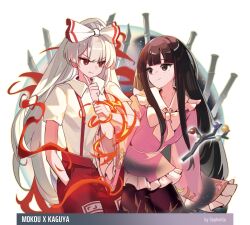  2girls artist_name bamboo black_hair blunt_bangs bow branch character_name commentary creenoy fire floating floating_object frilled_sailor_collar frilled_sleeves frills fujiwara_no_mokou hair_bow hand_in_pocket highres hime_cut holding_another's_wrist houraisan_kaguya jeweled_branch_of_hourai long_hair looking_at_another multiple_girls pants pink_shirt red_pants sailor_collar shirt sidelocks smile straight_hair suspender_pants touhou v-shaped_eyebrows very_long_hair white_bow white_hair white_sailor_collar white_shirt wide_sleeves 