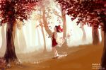  1girl artist_name autumn_leaves bow brown_hair detached_sleeves forest frills gohei grass hair_bow hair_tubes hakurei_reimu landscape leaf looking_up mano-k nature red_bow red_ribbon ribbon sarashi solo standing touhou tree watermark wide_sleeves yellow_ribbon 