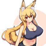  1girl animal_ears blonde_hair blush breasts cleavage collarbone fox_ears fox_tail large_breasts long_hair looking_at_viewer looking_up midriff navel original ponytail solo tail tylwing yellow_eyes 
