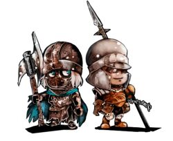  2boys axe black_pants black_shirt black_tunic blue_cape blue_eyes brown_eyes brown_gloves brown_vest cape chibi chibi_only closed_mouth commentary_request creighton_of_mirrah dark_souls_(series) dark_souls_ii full_body gloves helmet holding holding_axe holding_polearm holding_weapon looking_at_another looking_to_the_side lowres male_focus mask masked mild_mannered_pate multiple_boys pants polearm shirt short_hair simple_background smile spear standing tunic umeyama_(toma23) vest weapon white_background white_hair 