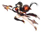  1girl ahoge ara_han black_boots black_gloves black_hair boots brown_eyes dress elsword full_body gloves holding holding_weapon long_hair looking_at_viewer magic official_art one_leg_raised open_mouth polearm solo thigh-highs thigh_boots transparent_background weapon yama_raja_(elsword) 