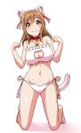  1girl animal_ears bangs barefoot bell bell_collar blush bra breasts brown_eyes brown_hair cat_cutout cat_ear_panties cat_ears cat_lingerie cat_tail cleavage cleavage_cutout collar commentary_request frilled_bra frills full_body hair_bell hair_ornament highres jingle_bell kneeling kunikida_hanamaru large_breasts long_hair looking_at_viewer love_live! love_live!_sunshine!! meme_attire midriff navel panties paw_pose side-tie_panties smile solo tail underwear yopparai_oni 