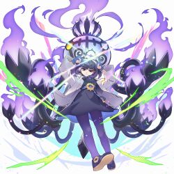  1girl black_dress black_hair blue_gloves blunt_bangs bob_cut breasts chandelure closed_mouth coat commentary_request dress fire full_body gloves gradient_hair gwynn_(pokemon) hat highres long_sleeves looking_at_viewer mega_chandelure mega_pokemon mega_stone multicolored_hair open_clothes open_coat pantyhose partially_fingerless_gloves pokemon pokemon_(creature) pokemon_legends:_z-a purple_fire purple_hair short_hair simple_background small_breasts violet_eyes white_background white_coat yellow_eyes zealmaker 