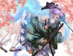  1girl black_ribbon cherry_blossoms covering_mouth flower green_eyes hair_ribbon hairband highres konpaku_youmu looking_at_viewer nana_(13054942) ofuda petals puffy_short_sleeves puffy_sleeves ribbon sandals scabbard sheath short_hair short_sleeves socks solo touhou unsheathing vest white_legwear 