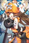 &gt;_o 1girl anchor animal belt_buckle brown_hair buckle fingerless_gloves flat_chest gloves guilty_gear guilty_gear_xrd hat huge_weapon long_hair makai may_(guilty_gear) one_eye_closed open_mouth orange_hat orange_shirt otter pantyhose pirate pirate_hat red_eyes shirt skull_and_crossbones solo thumbs_up weapon 