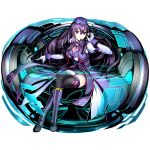  1girl black_hair blue_hat boots divine_gate elbow_gloves floating_hair gloves hat knee_boots long_hair looking_at_viewer microophone necktie pink_eyes pink_necktie purple_hair purple_skirt sitting skirt solo thigh-highs transparent_background uniform very_long_hair white_gloves 