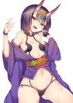  1girl blush breasts brown_eyes commentary_request fangs fate/grand_order fate_(series) gluteal_fold hair_ornament highres horns japanese_clothes kimono looking_at_viewer navel obi oni oni_horns open_mouth purple_hair sash short_hair shuten_douji_(fate/grand_order) simple_background small_breasts smile solo suteba_(grzjkbhgf) white_background 