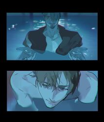  2boys beard brown_hair challia_bull facial_hair green_eyes green_hair gundam gundam_gquuuuuux highres i'll_teach_you_everything_(chainsaw_man) implied_yaoi male_focus mole mole_under_mouth movie_reference multiple_boys mustache parody partially_submerged pool scene_reference short_hair topless_male uie1060114 wet wet_hair xavier_olivette 