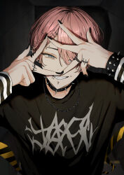  1boy absurdres black_nails black_shirt bracelet chain chain_necklace choker commentary ear_piercing english_commentary face_piercing fangs finger_frame fingernails grey_eyes hair_ornament hairclip highres jewelry lip_piercing male_focus nail_polish necklace niwa281610 original piercing pink_hair shirt solo spike_piercing spiked_bracelet spiked_choker spikes 