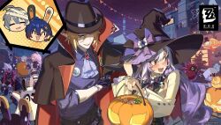 anby_demara belle_(zenless_zone_zero) billy_kid burger_costume halloween hamburger_costume heterochromia hugo_vlad long_hair multiple_boys multiple_girls nicole_demara official_art short_hair vivian_(zenless_zone_zero) vivian_banshee wise_(zenless_zone_zero) zenless_zone_zero