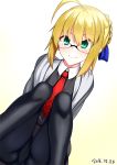  1girl 2016 ahoge alternate_costume arm_support black_legwear blonde_hair blush cosplay dated fate/grand_order fate/stay_night fate_(series) glasses green_eyes necktie pantyhose red_necktie saber semi-rimless_glasses shielder_(fate/grand_order) shielder_(fate/grand_order)_(cosplay) skylader smile solo thighs white_background 
