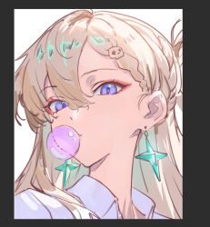  1girl blonde_hair blowing_bubble_gum braid braided_bangs chewing_gum colored_inner_hair commentary earrings english_commentary hair_between_eyes hair_ornament jewelry long_hair looking_at_viewer lynae_(wuthering_waves) multicolored_hair nitsuga_zenitram portrait shirt sketch skull_hair_ornament solo star_(symbol) star_earrings unfinished violet_eyes white_background white_shirt wuthering_waves 