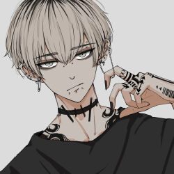  1boy :/ absurdres barbell_piercing barcode barcode_tattoo black_nails black_shirt blonde_hair commentary ear_piercing english_commentary finger_tattoo fingernails green_eyes grey_background hand_tattoo highres male_focus nail_polish neck_tattoo niwa281610 original piercing shirt solo spike_piercing tattoo 