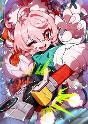  1girl ahoge animal_ear_fluff animal_ear_piercing animal_ears anklet blurry blurry_background braid braided_twintails bright_pupils commentary_request fuji_tarawi furry furry_female green_shirt hair_intakes highres holding holding_sword holding_weapon jewelry long_hair looking_at_viewer one_eye_closed open_mouth pink_fur pink_hair rabbit_ears rabbit_girl red_eyes screw shirt short_eyebrows solo sparkle sword teeth thick_eyebrows upper_teeth_only waving weapon white_pupils zenless_zone_zero zhao_(zenless_zone_zero) 