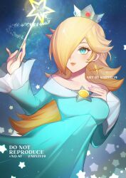 1girl bare_shoulders blonde_hair blue_dress blue_eyes brooch closed_mouth collarbone crown dress earrings eyelashes hair_over_one_eye hand_on_own_chest highres holding holding_wand jewelry long_hair long_sleeves miviy19 off-shoulder_dress off_shoulder purple_nails rosalina smile solo star_(sky) star_(symbol) star_brooch star_earrings super_mario_bros. super_mario_galaxy twitter_username upper_body wand 