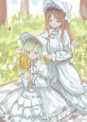  2girls :/ absurdres adjusting_another's_hair animate_(company) animate_cafe ascot bang_dream! bang_dream!_it's_mygo!!!!! blush bonnet brown_hair brushing_another's_hair brushing_hair capelet closed_mouth commentary dress frilled_dress frilled_skirt frills grass green_hair grey_eyes hair_brush half-closed_eyes hand_in_another's_hair hand_mirror hat hat_ribbon highres holding holding_hair_brush holding_mirror interlocked_fingers latte_bf long_dress long_hair long_sidelocks long_sleeves looking_at_another looking_at_mirror mirror multiple_girls nagasaki_soyo necktie official_alternate_costume outdoors own_hands_together puffy_long_sleeves puffy_sleeves ribbon sidelocks skirt smile wakaba_mutsumi white_ascot white_bonnet white_capelet white_necktie white_ribbon yellow_eyes 