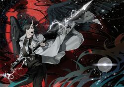  1boy black_eyes black_hair black_shirt black_wings blackbox_(blackbox9158) clenched_hand coat collared_shirt demon_horns duplicate feathered_wings feet_out_of_frame holding holding_polearm holding_weapon horns kim_dokja lightning male_focus necktie official_alternate_costume omniscient_reader's_viewpoint open_clothes open_coat open_mouth polearm red_eyes serious shirt short_hair snowing solo spear third-party_source weapon white_coat white_necktie wings 