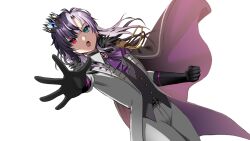  1girl 364ing absurdres alternate_costume alternate_hair_length alternate_hairstyle androgynous aqua_eyes ascot black_gloves black_hair black_vest blue_gemstone buttons chromashift clenched_hand commentary commission crown dutch_angle english_commentary eyelashes fingerless_gloves fur_trim gem gloves heterochromia highres jacket medium_hair multicolored_hair open_clothes open_jacket open_mouth outstretched_arm pants purple_ascot purple_gemstone purple_hair red_eyes rin_penrose second-party_source solo split-color_hair teeth transparent_background two-tone_hair upper_teeth_only vest virtual_youtuber white_jacket white_pants 