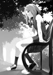  1girl achiki bench bush closed_mouth digital_media_player earphones earphones from_side grass greyscale hand_up highres holding ipod long_hair long_sleeves monochrome original outdoors school_uniform shoes sitting skirt smile sneakers solo sweater_vest thighs tree 